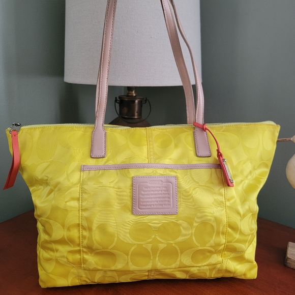 Coach Handbags - Coach 24862 East West Signature Nylon Tote Yellow Pink Bag Y2K